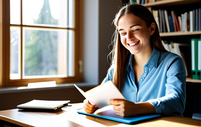 Study App Success**

"A determined young woman, fully clothed in comfortable study attire, smiling confidently while using a study app on her tablet. She's sitting at a bright, organized desk with textbooks and notes. Sunlight streams through a window. Safe for work, appropriate content, fully clothed, professional study environment, perfect anatomy, natural proportions, high quality, family-friendly."

**