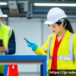 행정안전 업무에서의 사고 예방 사례 - A diverse team of Japanese public facility workers wearing safety helmets, reflective vests, and glo...