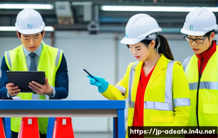 행정안전 업무에서의 사고 예방 사례 - A diverse team of Japanese public facility workers wearing safety helmets, reflective vests, and glo...