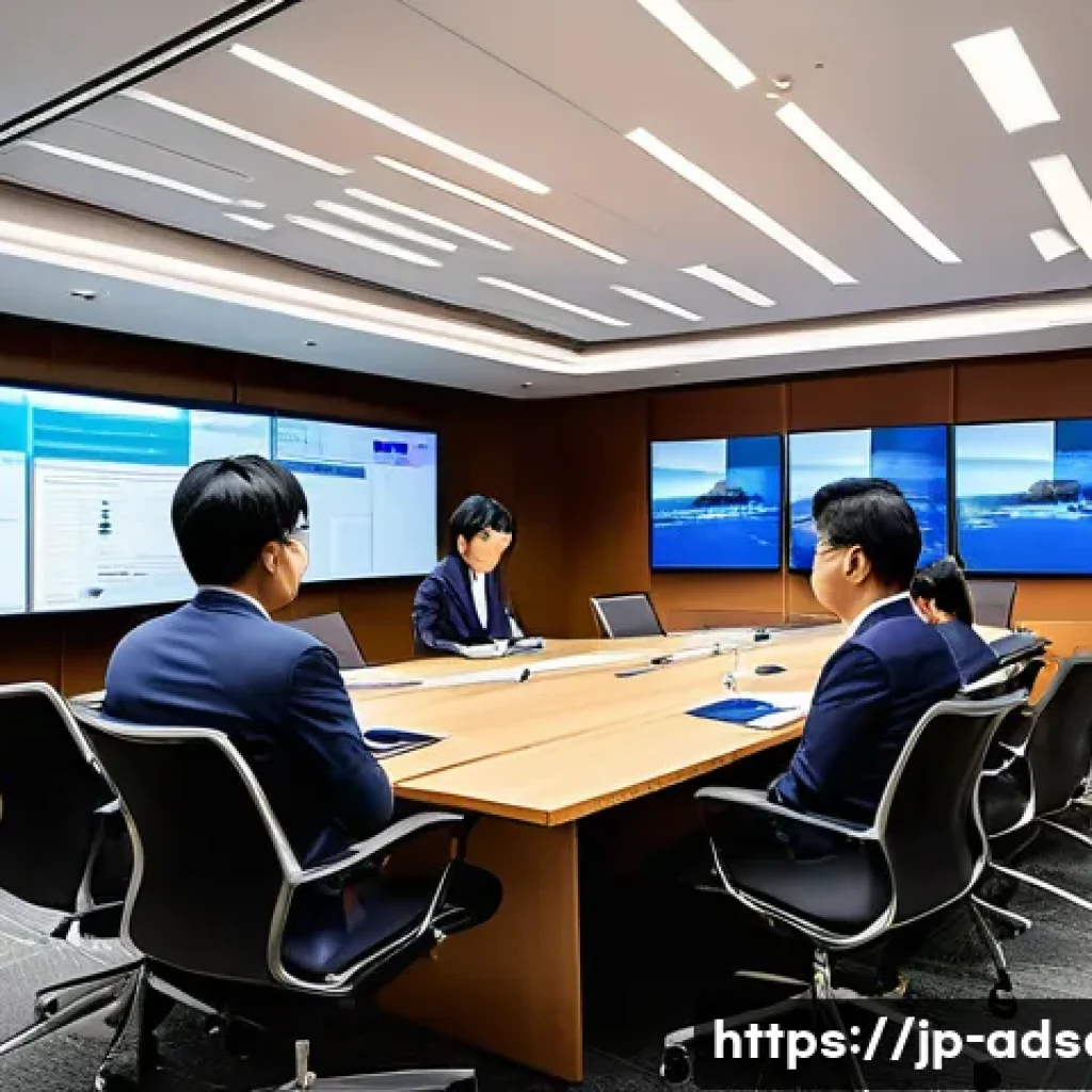 행정안전 전문가 네트워킹 이벤트 정보 - A modern Japanese government office conference room filled with diverse professionals actively engag...