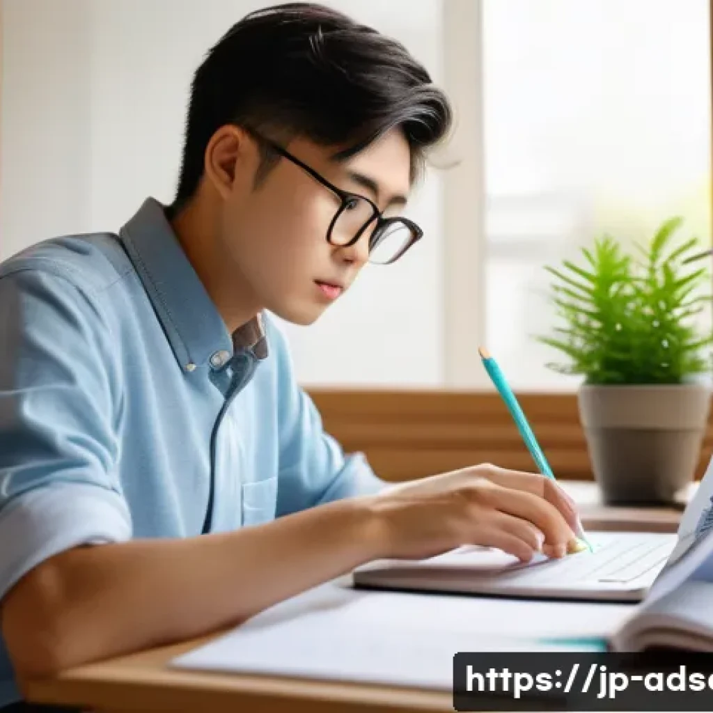 행정안전 실기 시험 준비 방법 - A focused Japanese student studying at a tidy desk in a modern, bright room with natural light comin...