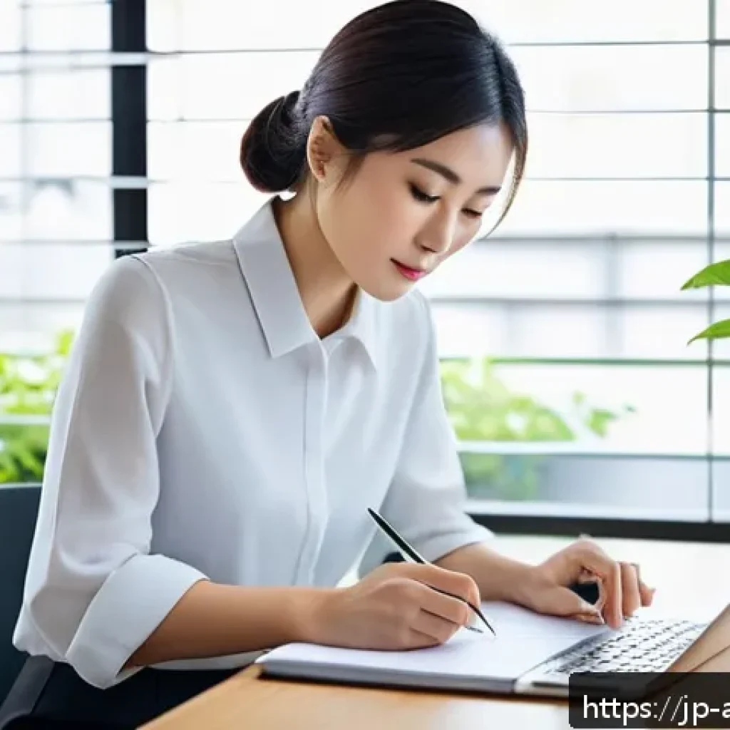 행정안전 전문가 업무일지 작성법 - A modern Japanese office setting showing a professional woman writing a business diary on a laptop u...
