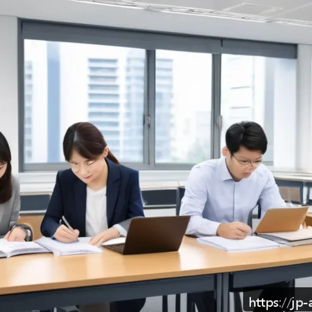 행정안전 자격증 합격률 분석 - A modern Japanese office scene showing diverse professionals studying for the Administrative Safety ...