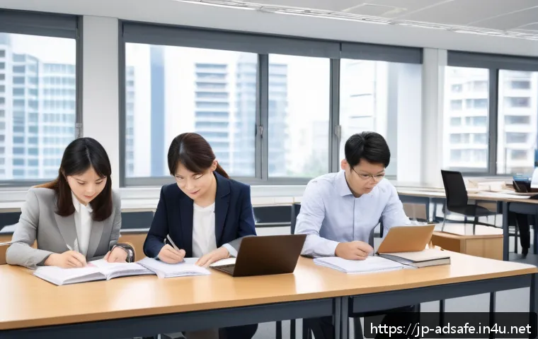 행정안전 자격증 합격률 분석 - A modern Japanese office scene showing diverse professionals studying for the Administrative Safety ...