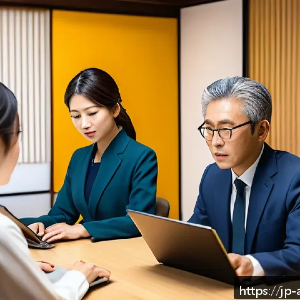 행정안전 직무에 적합한 인재의 특징 - A diverse group of Japanese administrative safety professionals collaborating in a modern office, us...