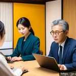 행정안전 직무에 적합한 인재의 특징 - A diverse group of Japanese administrative safety professionals collaborating in a modern office, us...