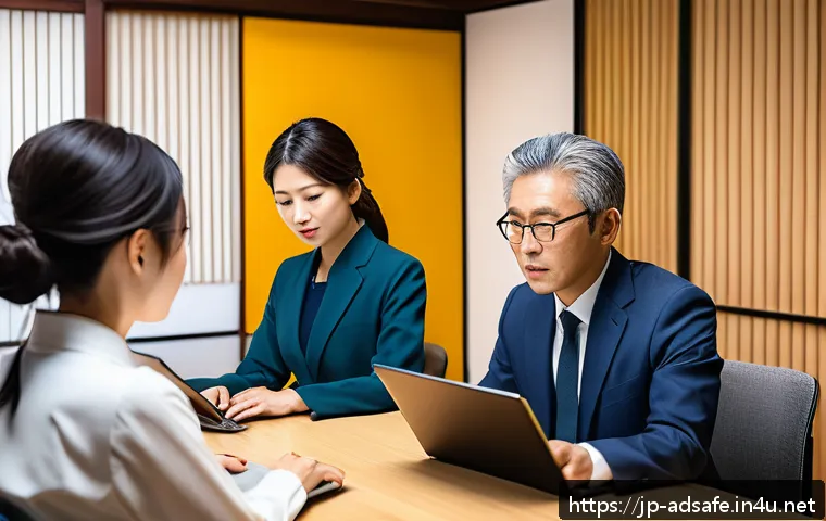 행정안전 직무에 적합한 인재의 특징 - A diverse group of Japanese administrative safety professionals collaborating in a modern office, us...