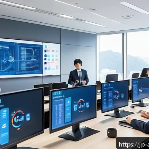 행정안전 직무와 관련된 국제 인증 - A modern Japanese government office interior with diverse employees in business attire actively part...