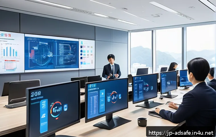 행정안전 직무와 관련된 국제 인증 - A modern Japanese government office interior with diverse employees in business attire actively part...