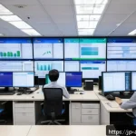 행정안전 직무 필수 소프트웨어 - A modern Japanese municipal office interior with diverse administrative staff working collaborativel...