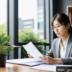 행정안전 분야에서의 자기계발 팁 - A professional Japanese office environment where a focused young Japanese woman in business attire i...